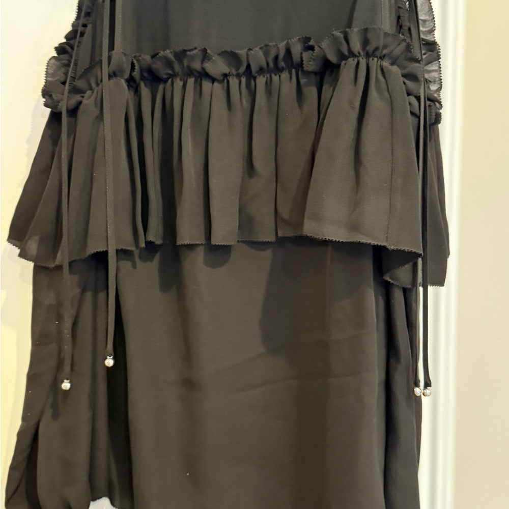 Black Midi Bubble Skirt with Ruffled and Ruched Details for Casual Wear